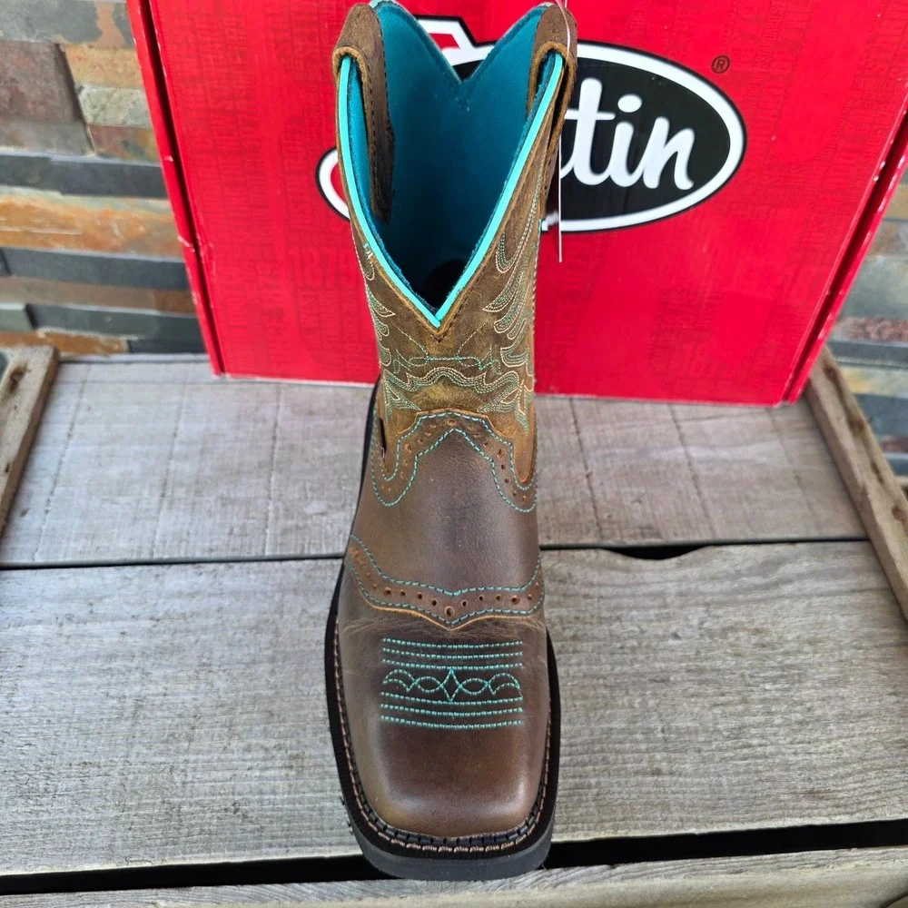 Justin Mandra Chocolate Water Buffalo Wide Square Toe Boots Size 6.5 B GY9624 - Picture 10 of 16